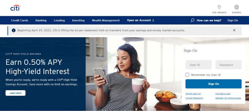 Citi Credit Card Login page